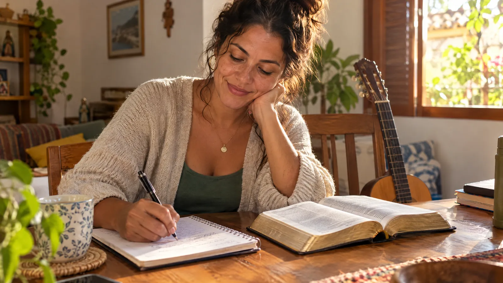 Mulher escrevendo um louvor num caderno ao lado da Bíblia aberta e de um violão