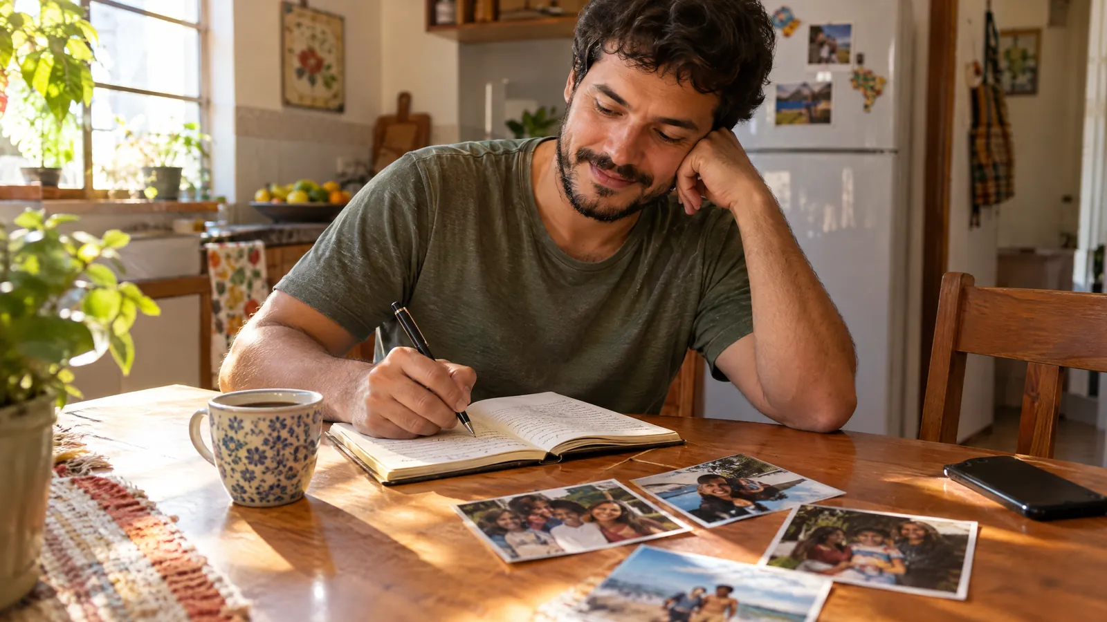 Homem anotando lembranças num caderno pra fazer uma música pra alguém