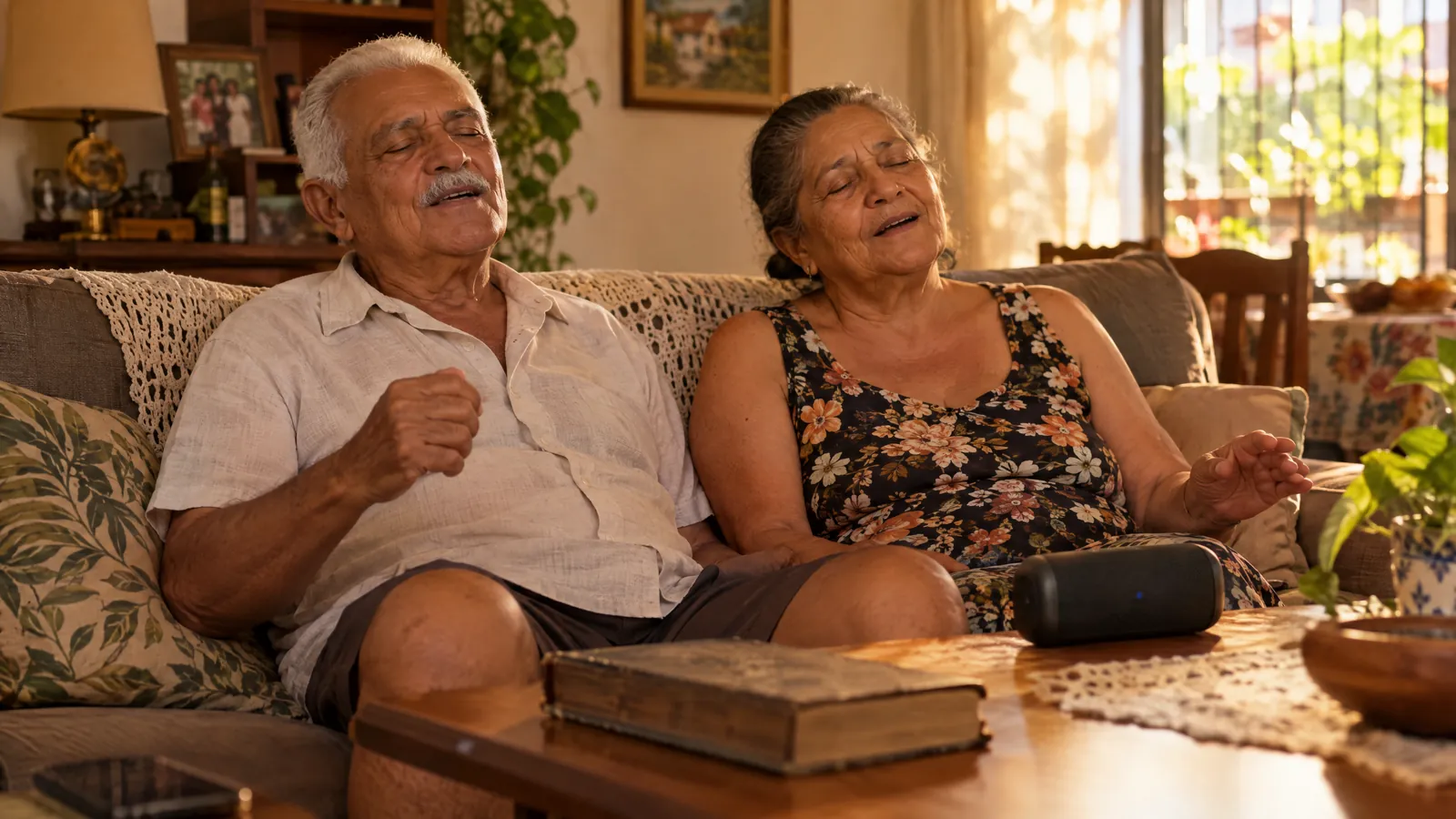 Casal de idosos de olhos fechados ouvindo um hino personalizado na sala