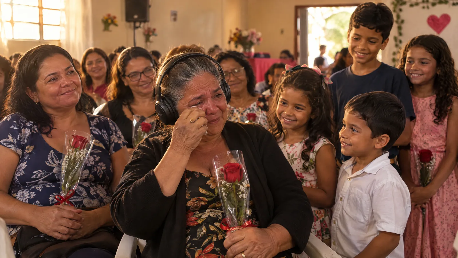 Mães da igreja emocionadas durante a homenagem de Dia das Mães no culto