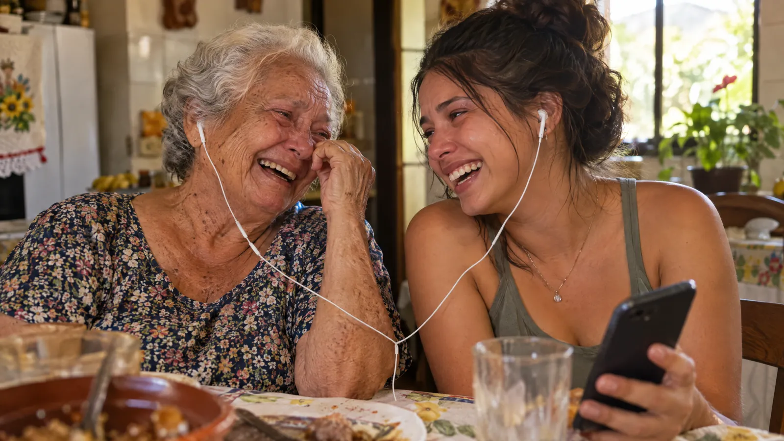Avó e neta dividindo o fone pra ouvir uma música feita em homenagem à avó