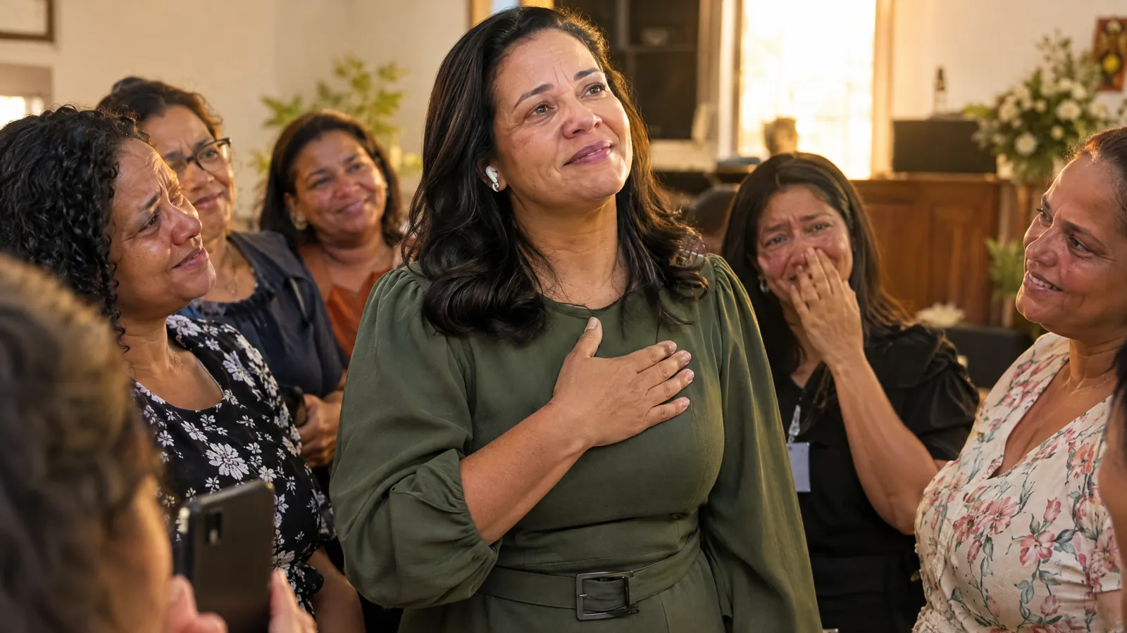 Pastora com a mão no peito ouvindo emocionada a homenagem feita pelas mulheres da igreja