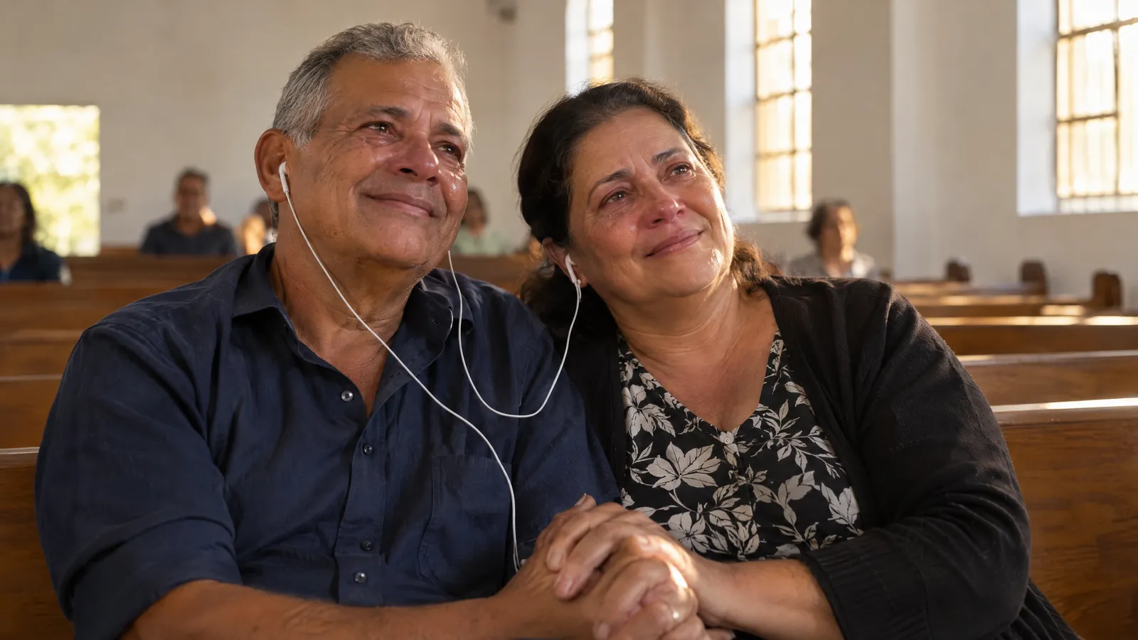 Casal de idosos de mãos dadas no banco da igreja ouvindo uma música no mesmo fone