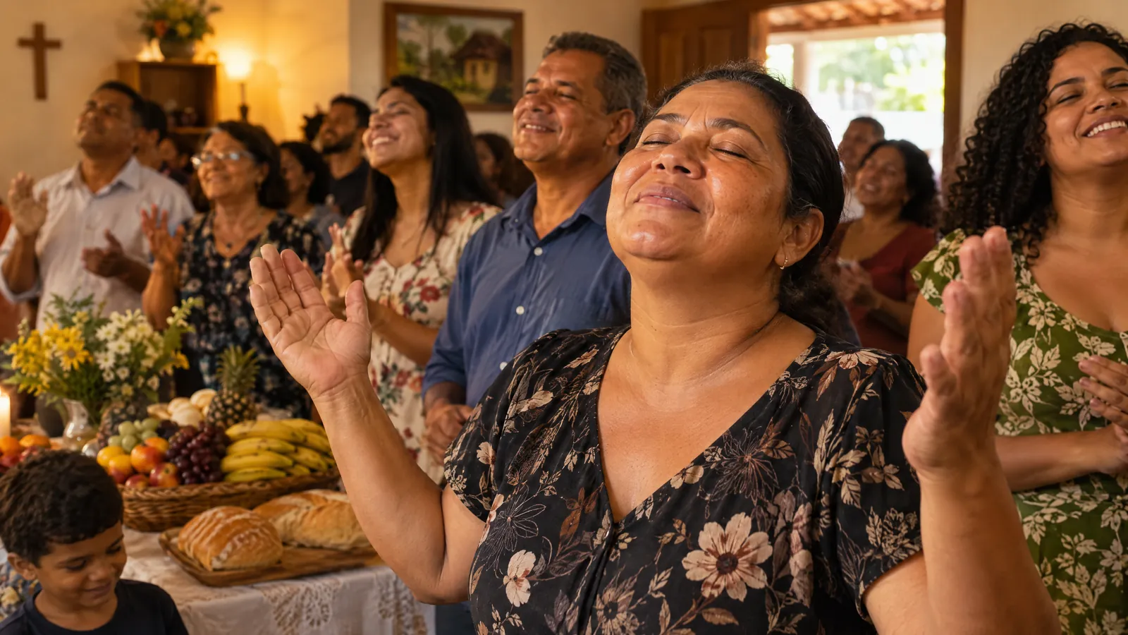 Mulher de olhos fechados e mãos erguidas em gratidão durante o culto de ação de graças