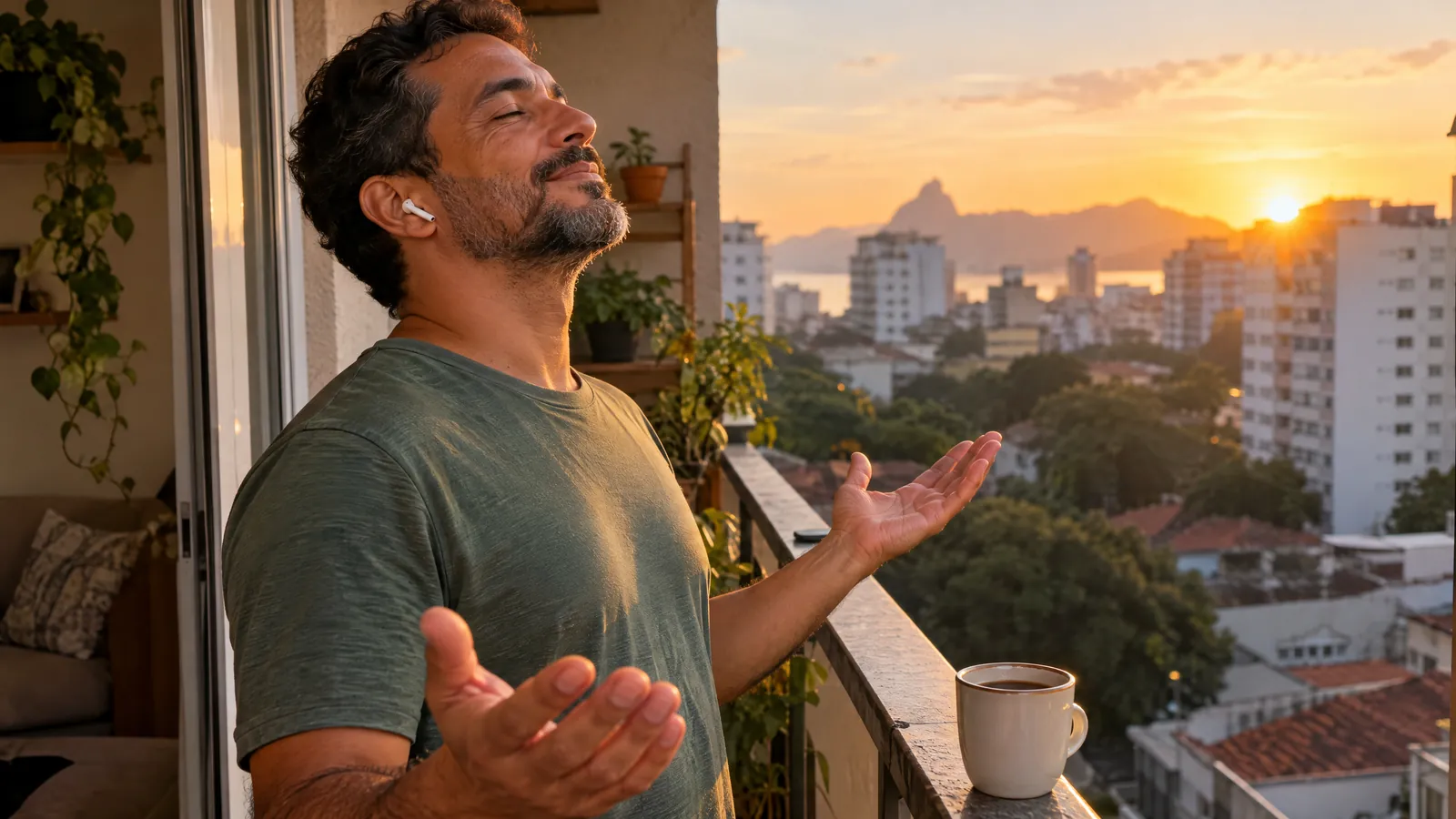 Homem de olhos fechados e mãos abertas em gratidão ouvindo um louvor ao nascer do sol