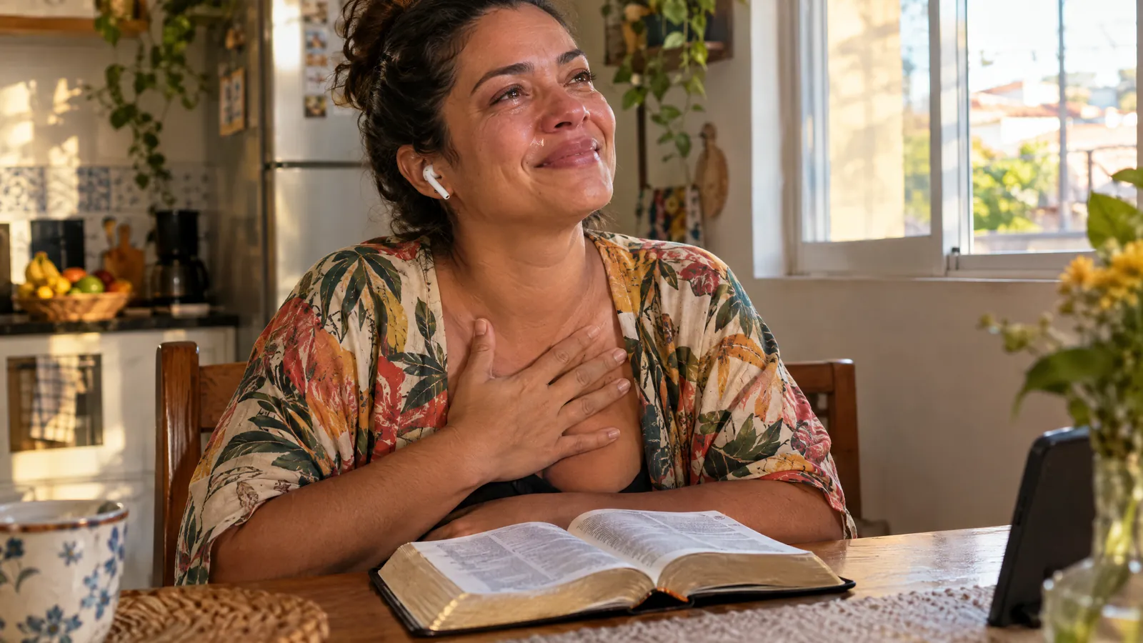 Mulher chorando de alegria ouvindo o louvor feito do seu testemunho