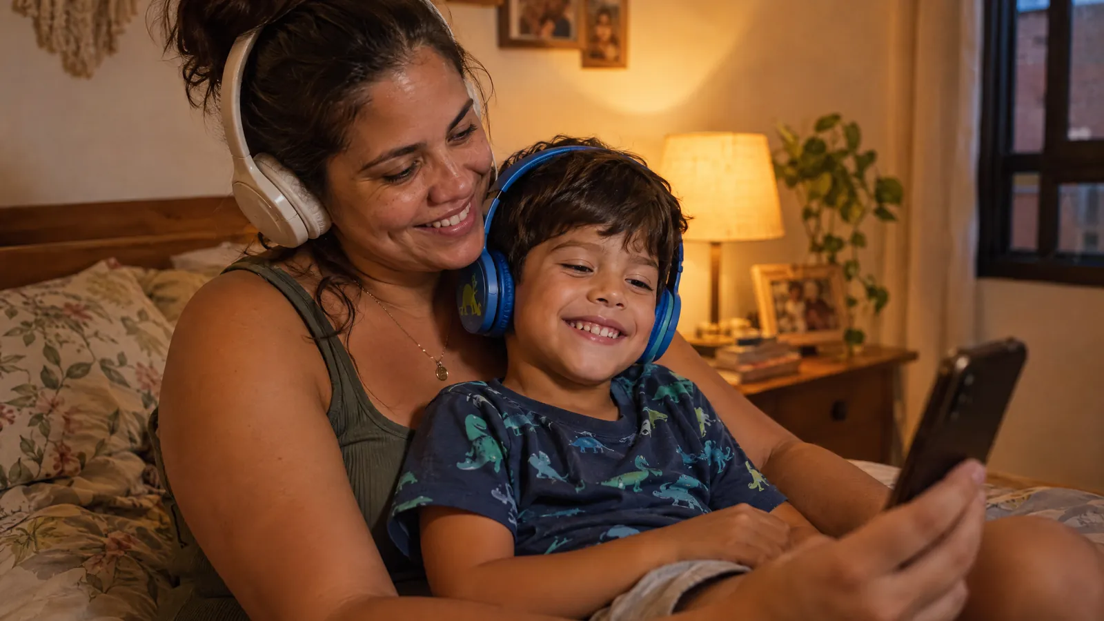 Mãe cristã com o filho no colo ouvindo juntos a música feita pra ele