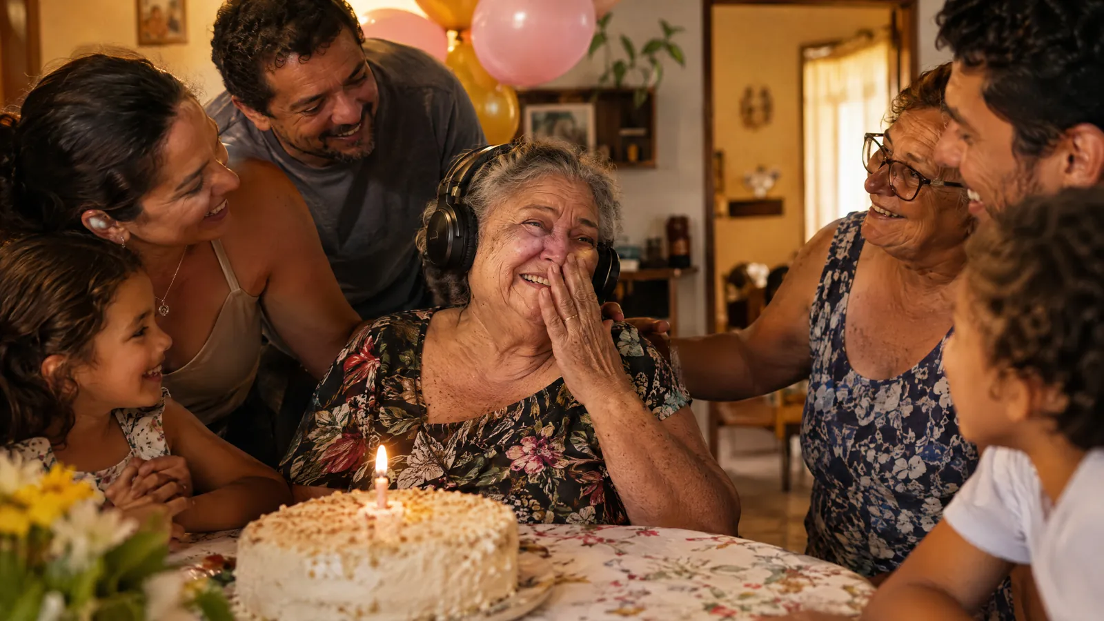 Senhora evangélica emocionada ouvindo a música de aniversário com a família em volta
