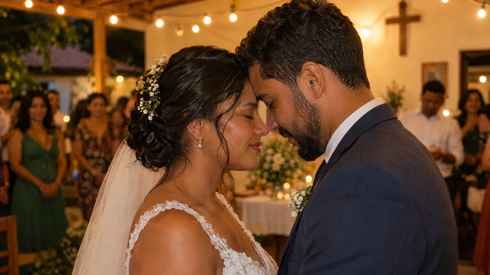 Noivos de testas encostadas numa cerimônia de casamento cristão