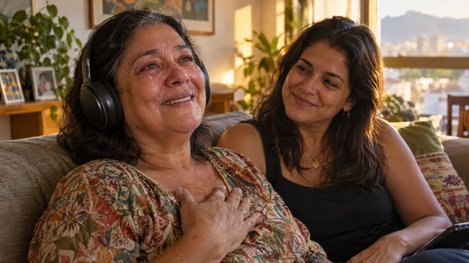 Mãe emocionada ouvindo no fone a música personalizada que a filha fez pra ela