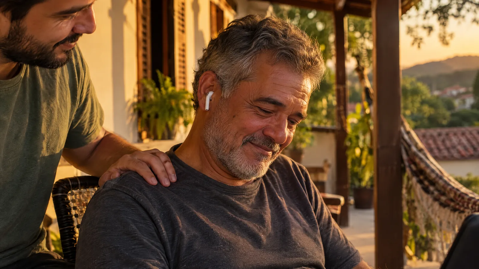 Pai sentado na varanda ouvindo emocionado uma música feita da história dele