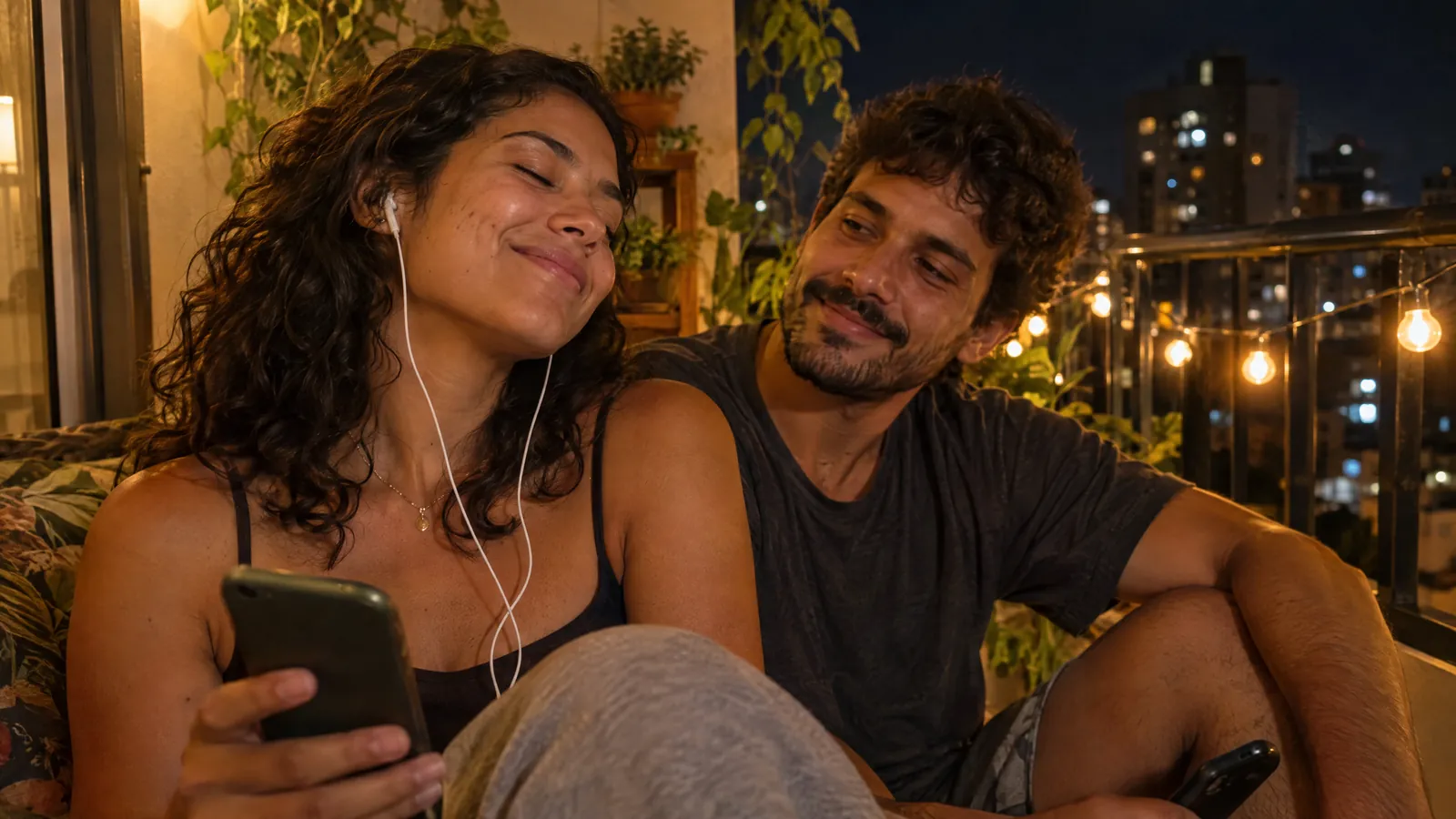Casal na varanda à noite ouvindo a música do aniversário de namoro