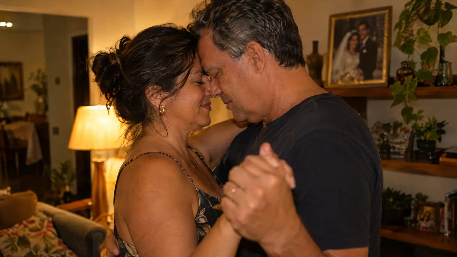 Casal de meia-idade dançando na sala no aniversário de casamento