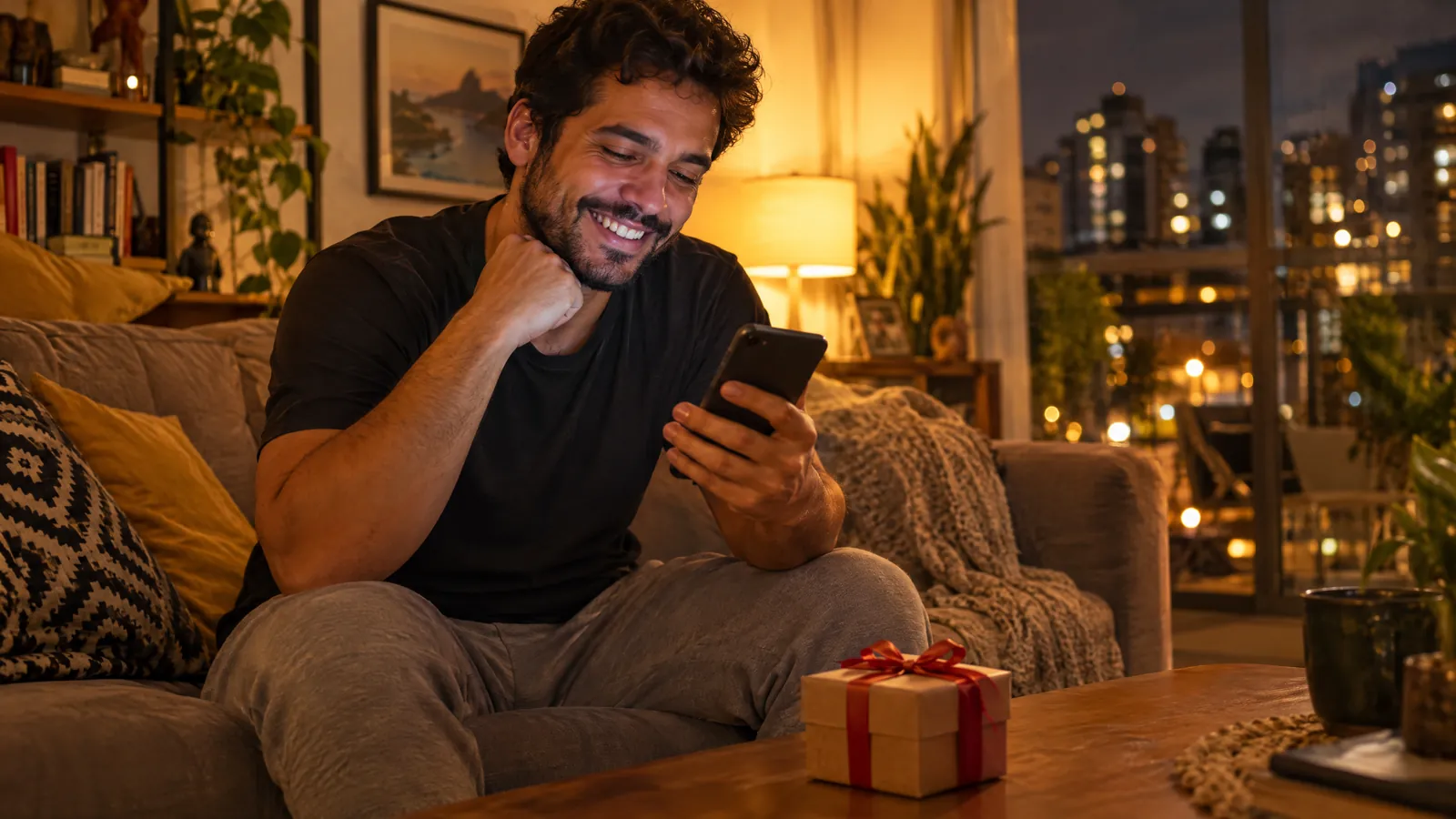 Homem aliviado e sorrindo depois de resolver um presente de última hora pelo celular