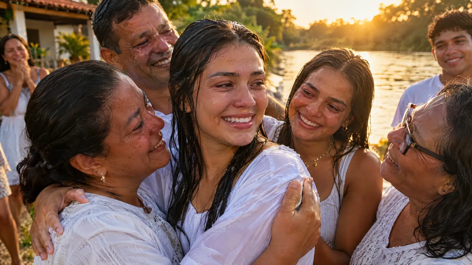 Jovem recém-batizada abraçada pela família depois do batismo nas águas