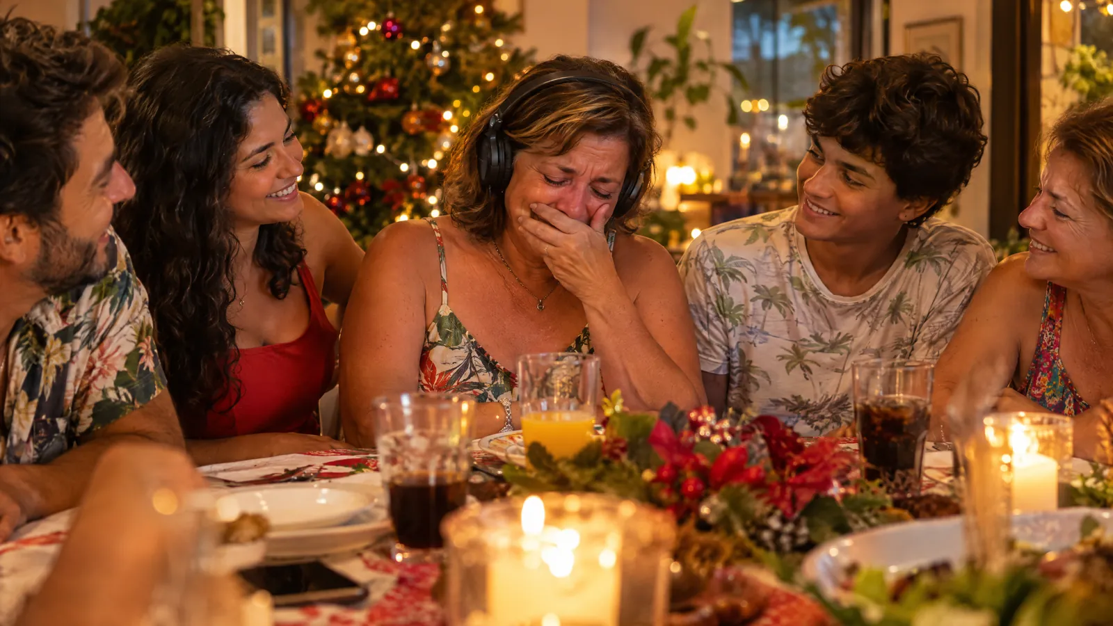 Mãe emocionada ouvindo uma música na ceia de Natal com a família
