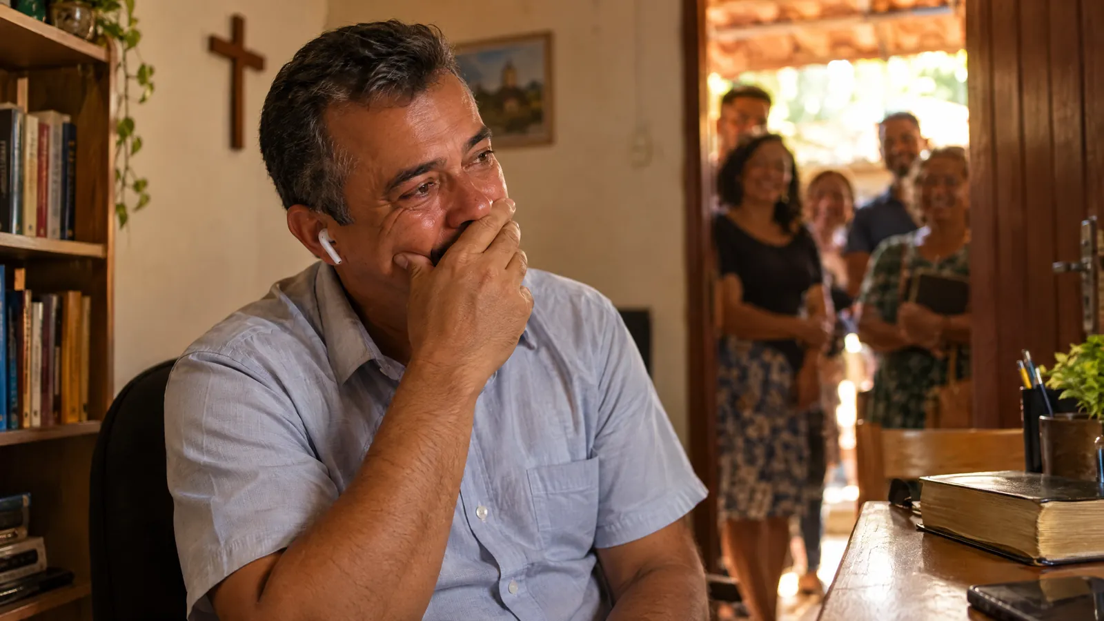 Pastor emocionado ouvindo a música que a igreja fez em homenagem a ele